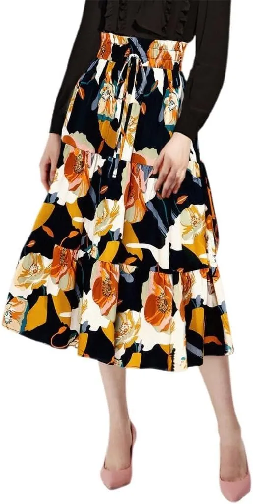 2025 Womens Floral Long Skirt Fashion Casual Flowy Swing Tiered Elastic Waisted Summer Beach Midi Skirt