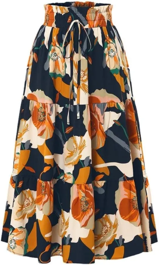2025 Womens Floral Long Skirt Fashion Casual Flowy Swing Tiered Elastic Waisted Summer Beach Midi Skirt
