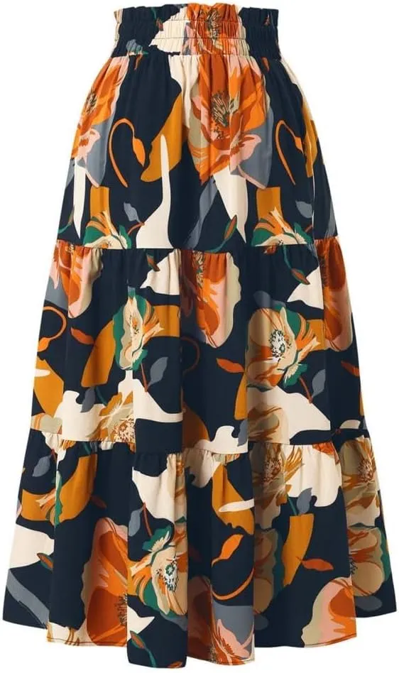 2025 Womens Floral Long Skirt Fashion Casual Flowy Swing Tiered Elastic Waisted Summer Beach Midi Skirt