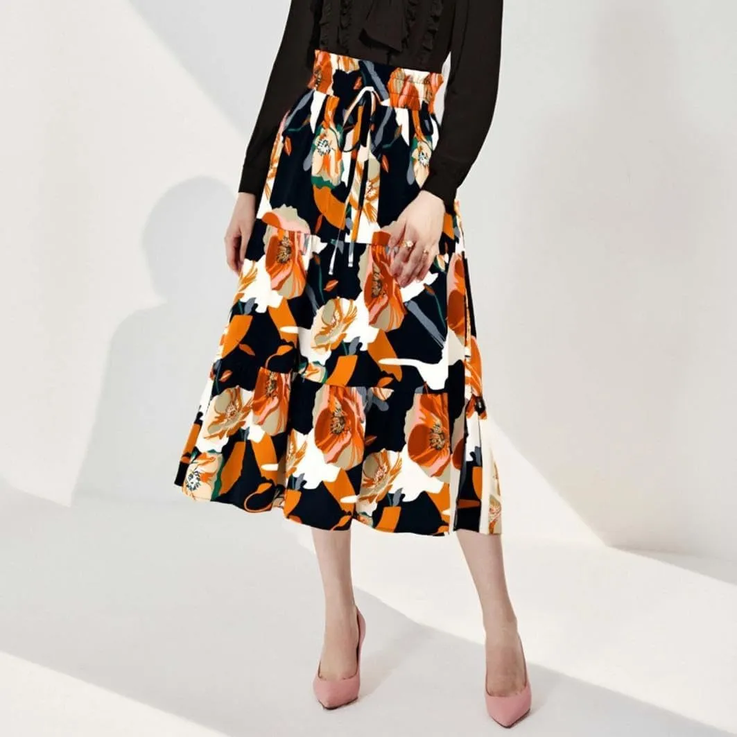 2025 Womens Floral Long Skirt Fashion Casual Flowy Swing Tiered Elastic Waisted Summer Beach Midi Skirt