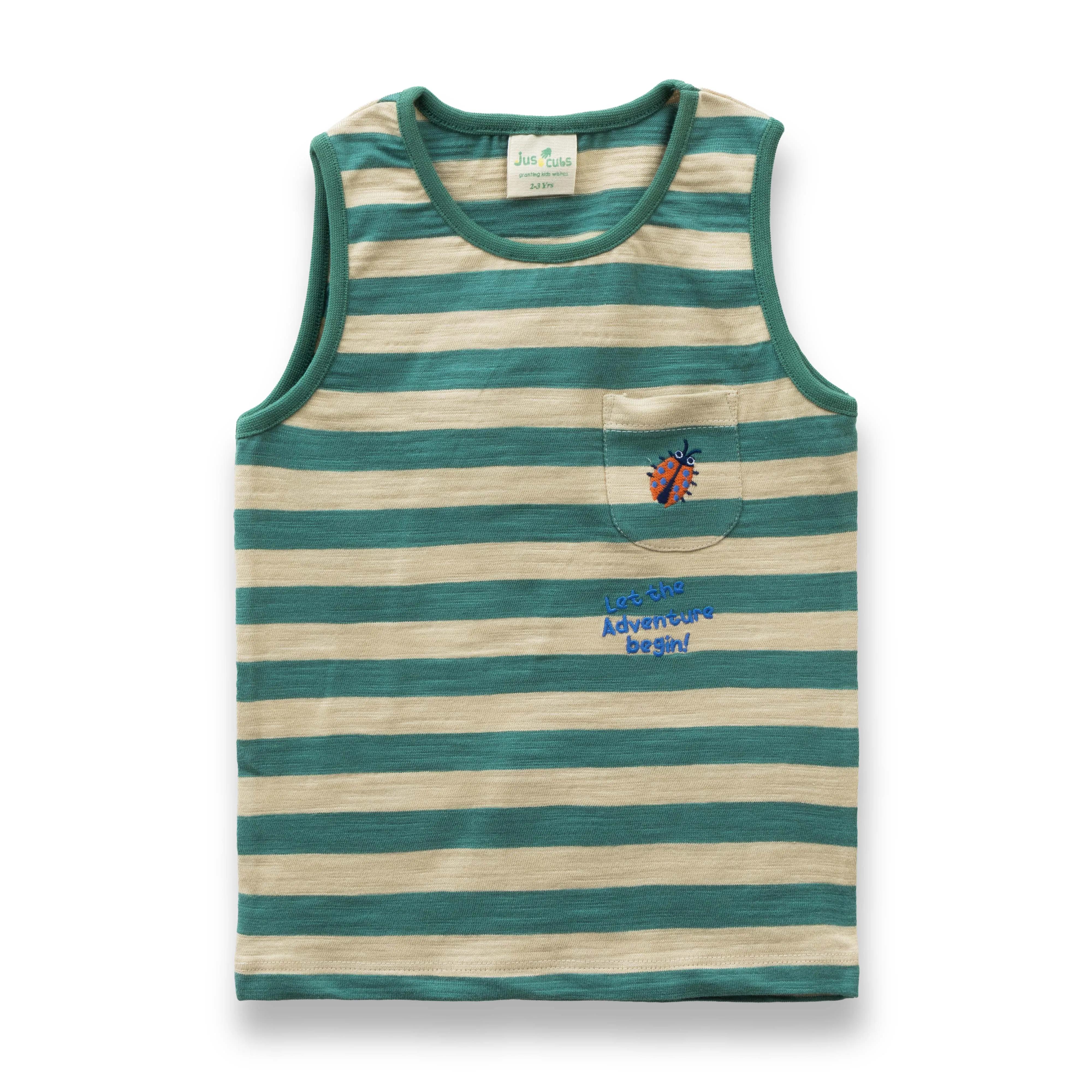 Baby Boys Sleeveless Green Striped T-shirt  Let the Adventure Begin with Ladybug Patch