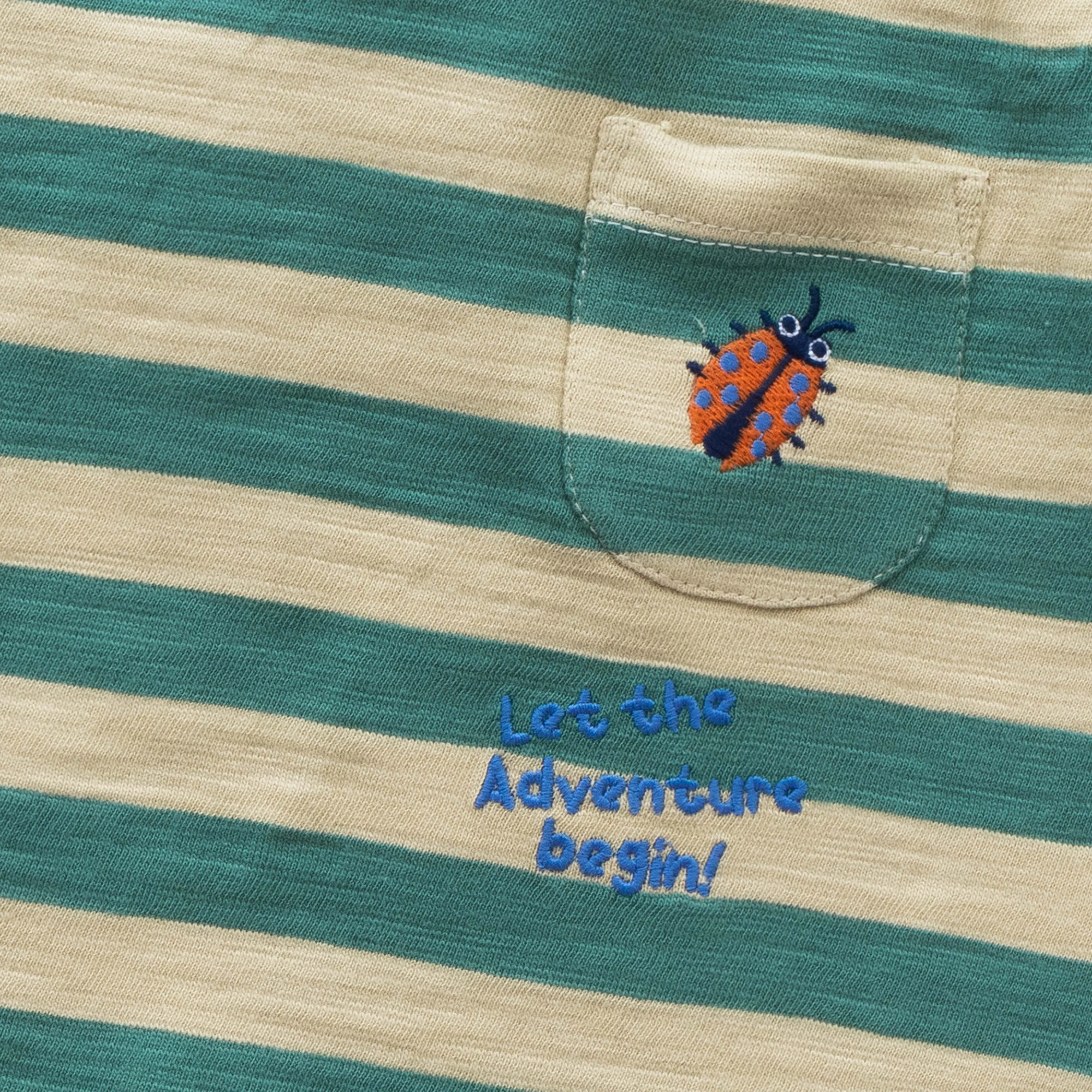 Baby Boys Sleeveless Green Striped T-shirt  Let the Adventure Begin with Ladybug Patch