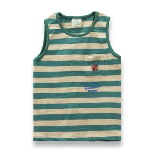 Baby Boys Sleeveless Green Striped T-shirt  Let the Adventure Begin with Ladybug Patch
