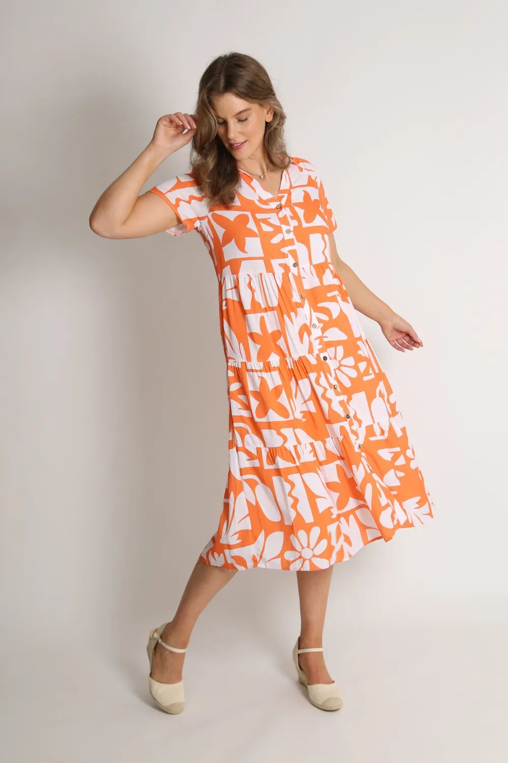 BRINA Orange Button-Up Tier Dress