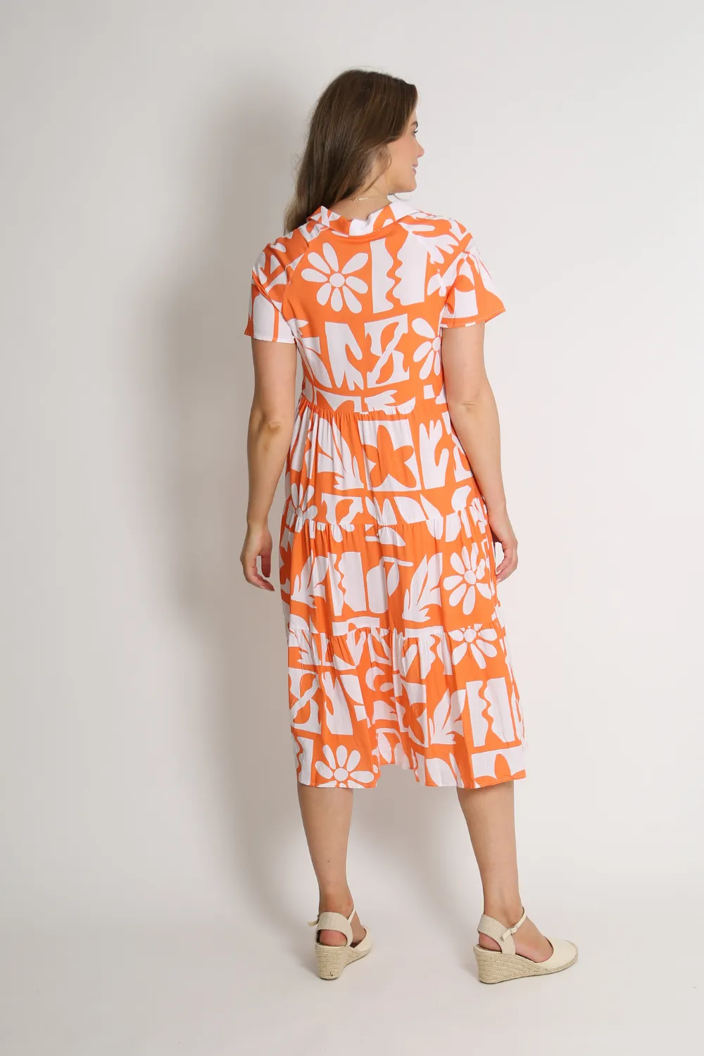 BRINA Orange Button-Up Tier Dress