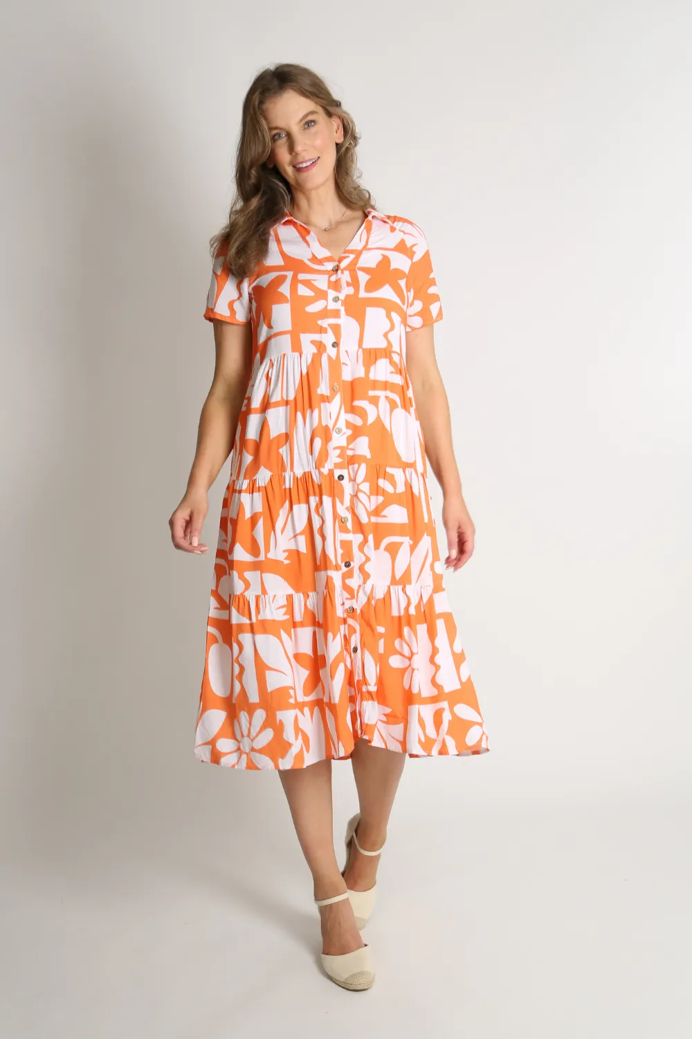 BRINA Orange Button-Up Tier Dress