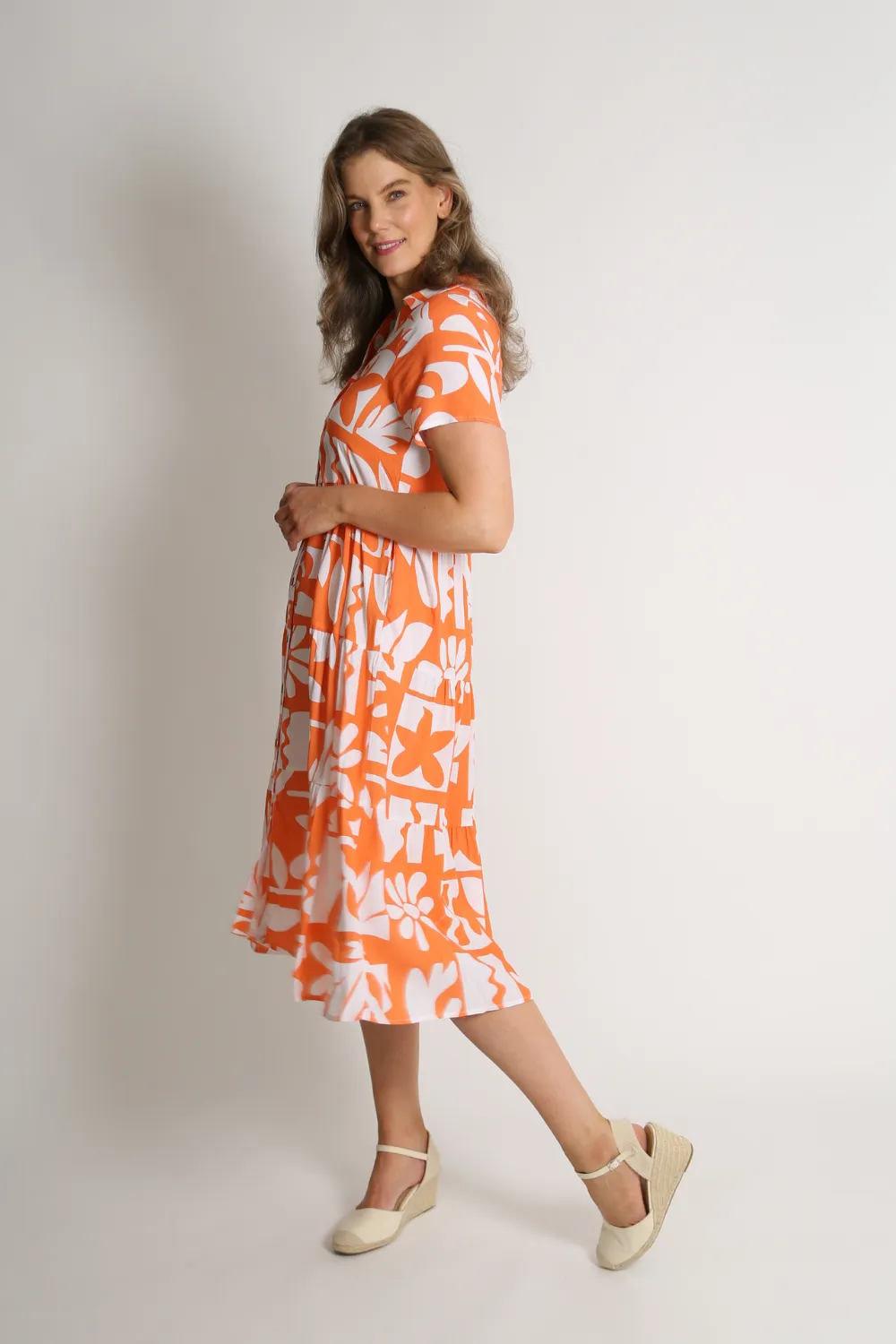 BRINA Orange Button-Up Tier Dress
