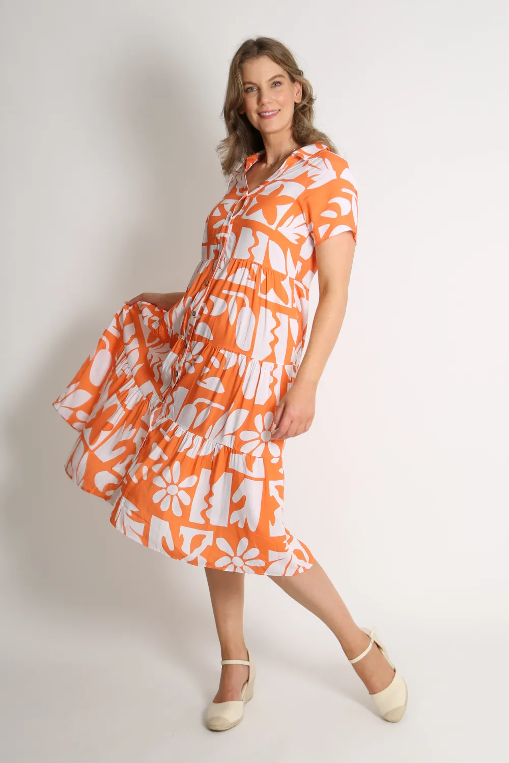 BRINA Orange Button-Up Tier Dress