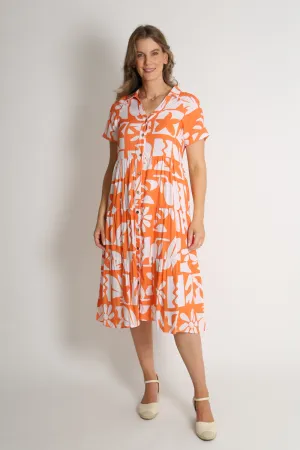 BRINA Orange Button-Up Tier Dress