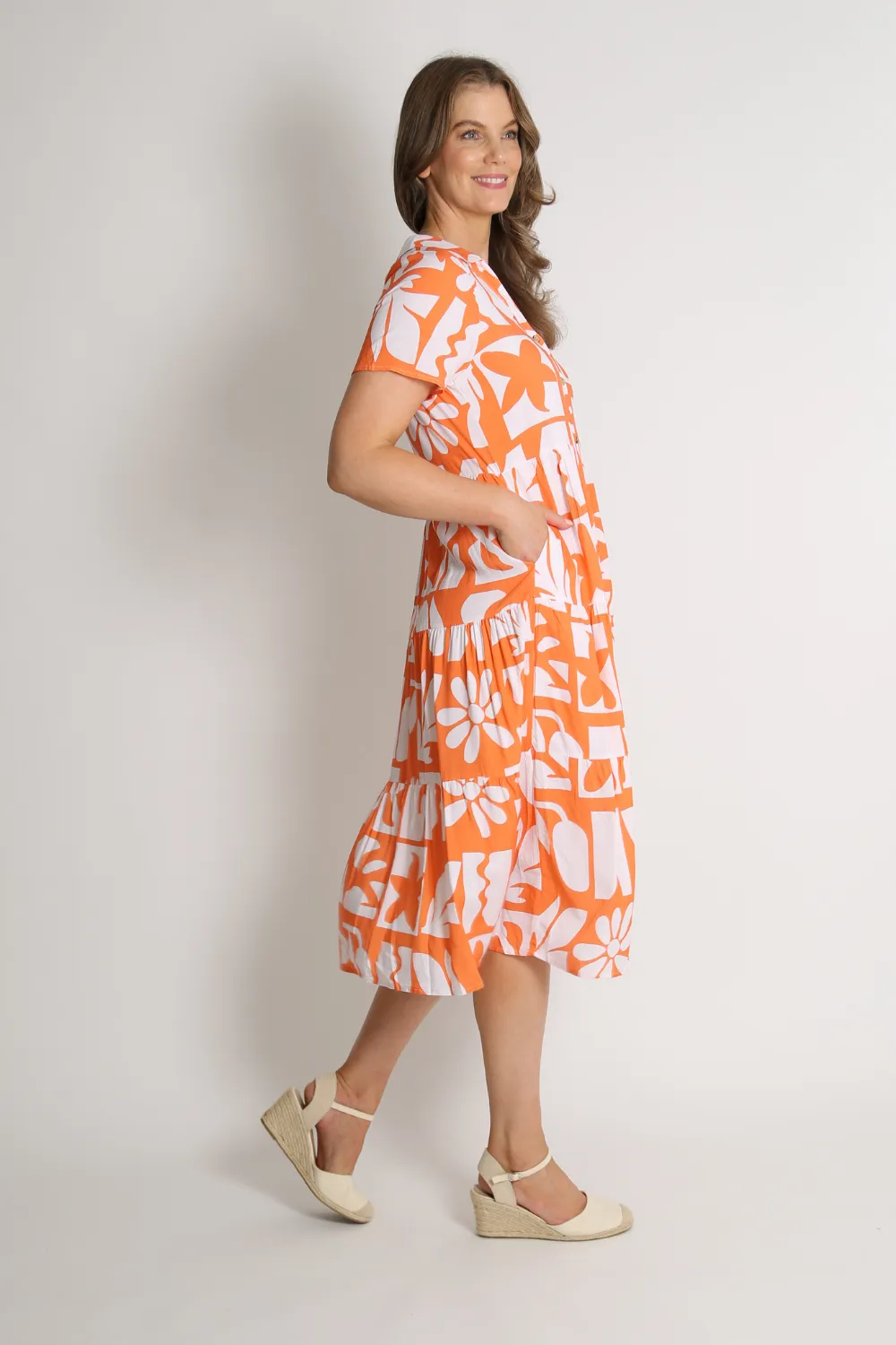 BRINA Orange Button-Up Tier Dress