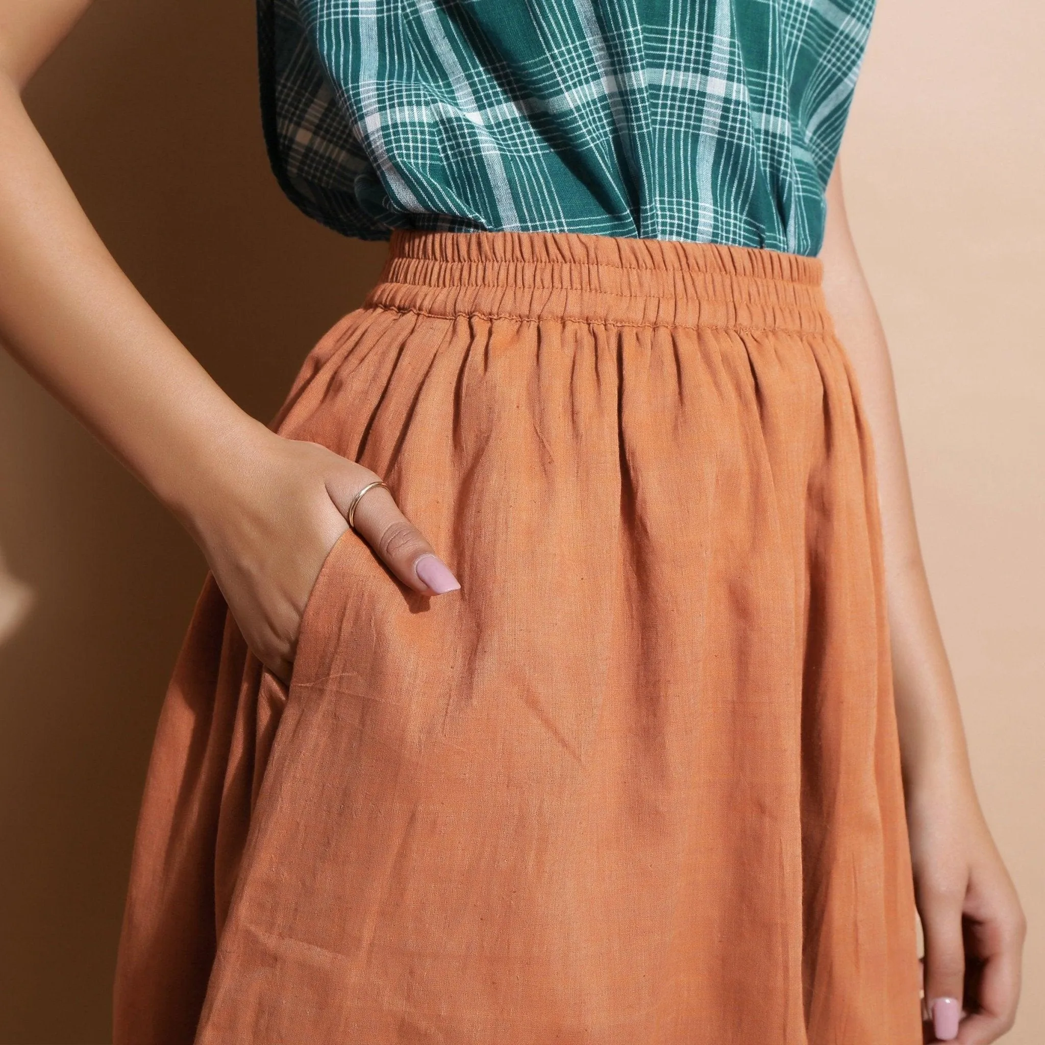 Brown Cotton Flared Knee Length Elasticated Gathered Skirt