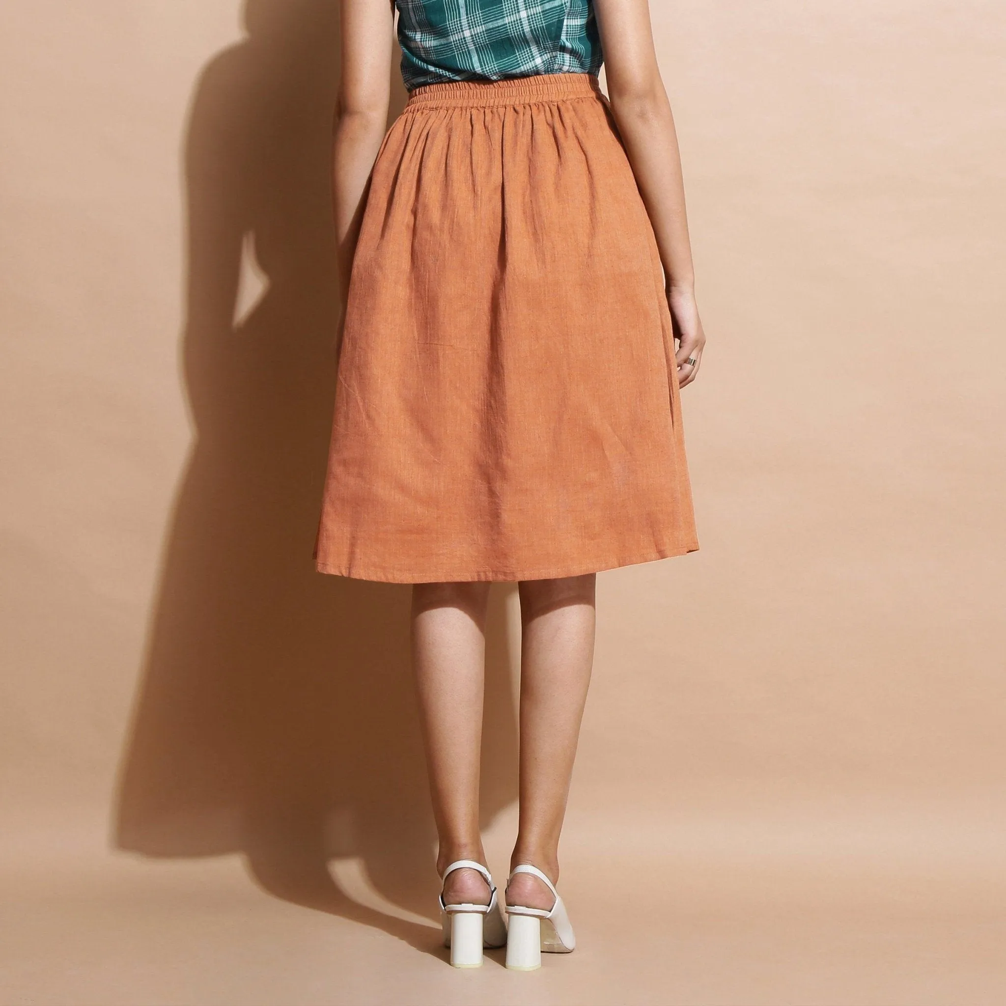 Brown Cotton Flared Knee Length Elasticated Gathered Skirt