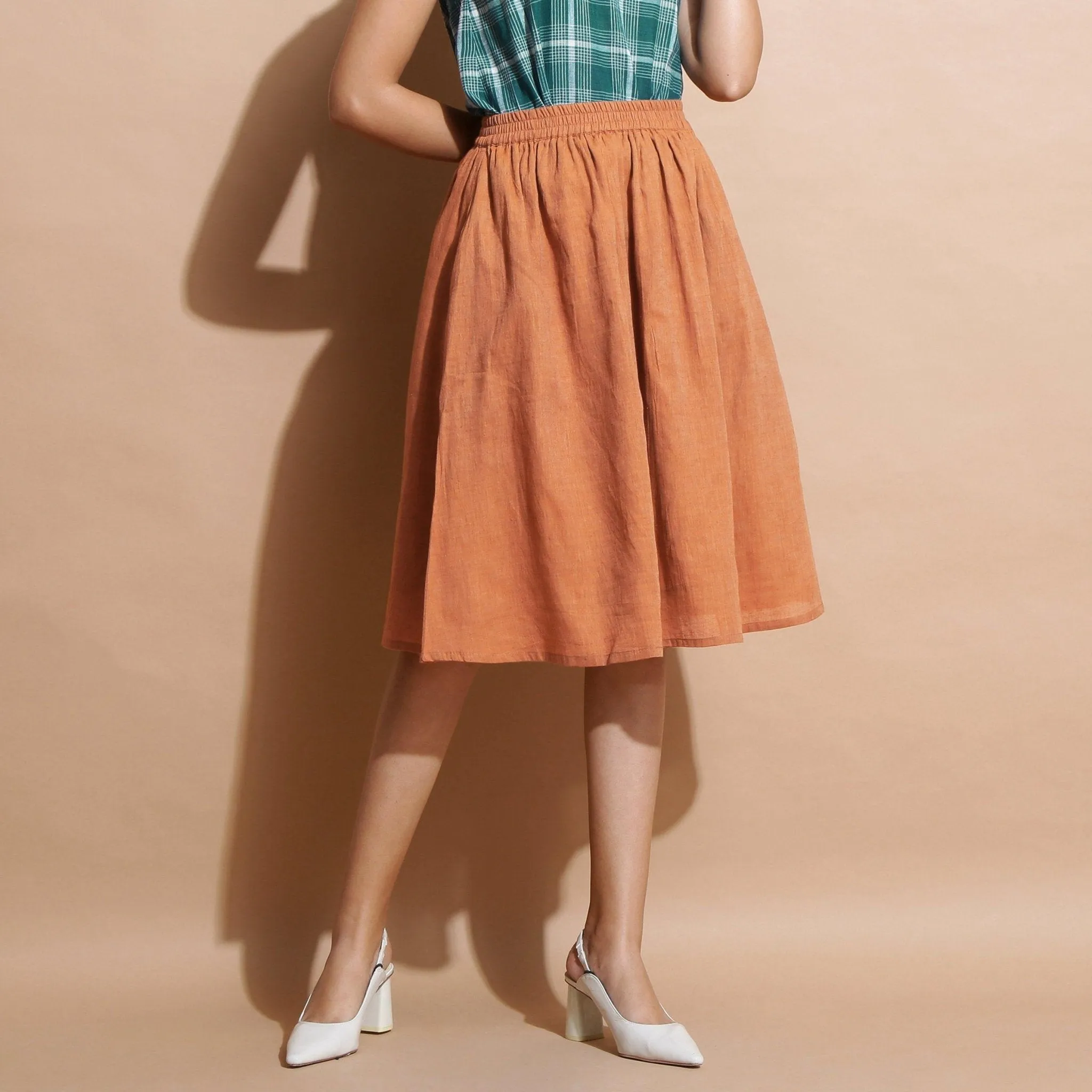 Brown Cotton Flared Knee Length Elasticated Gathered Skirt
