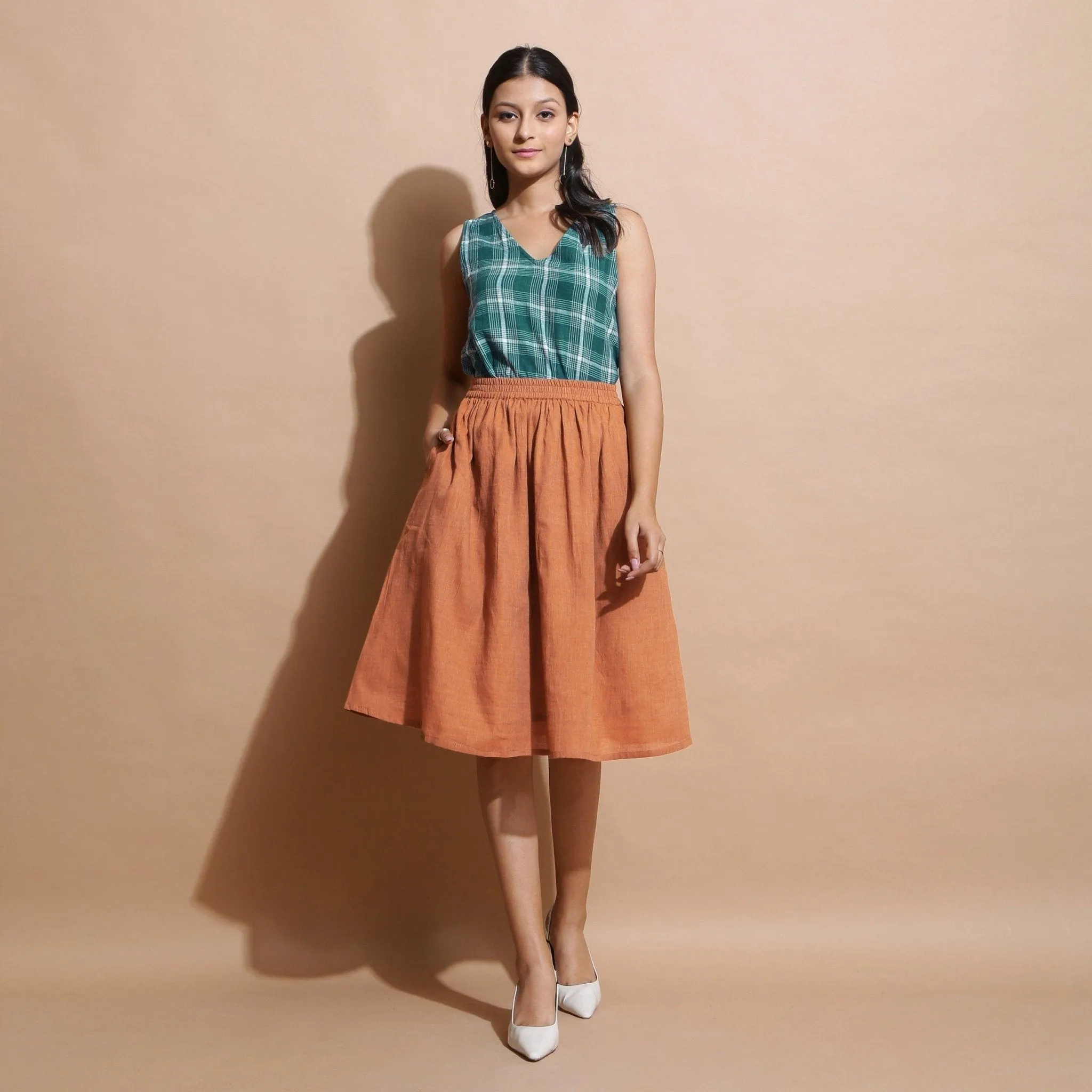 Brown Cotton Flared Knee Length Elasticated Gathered Skirt