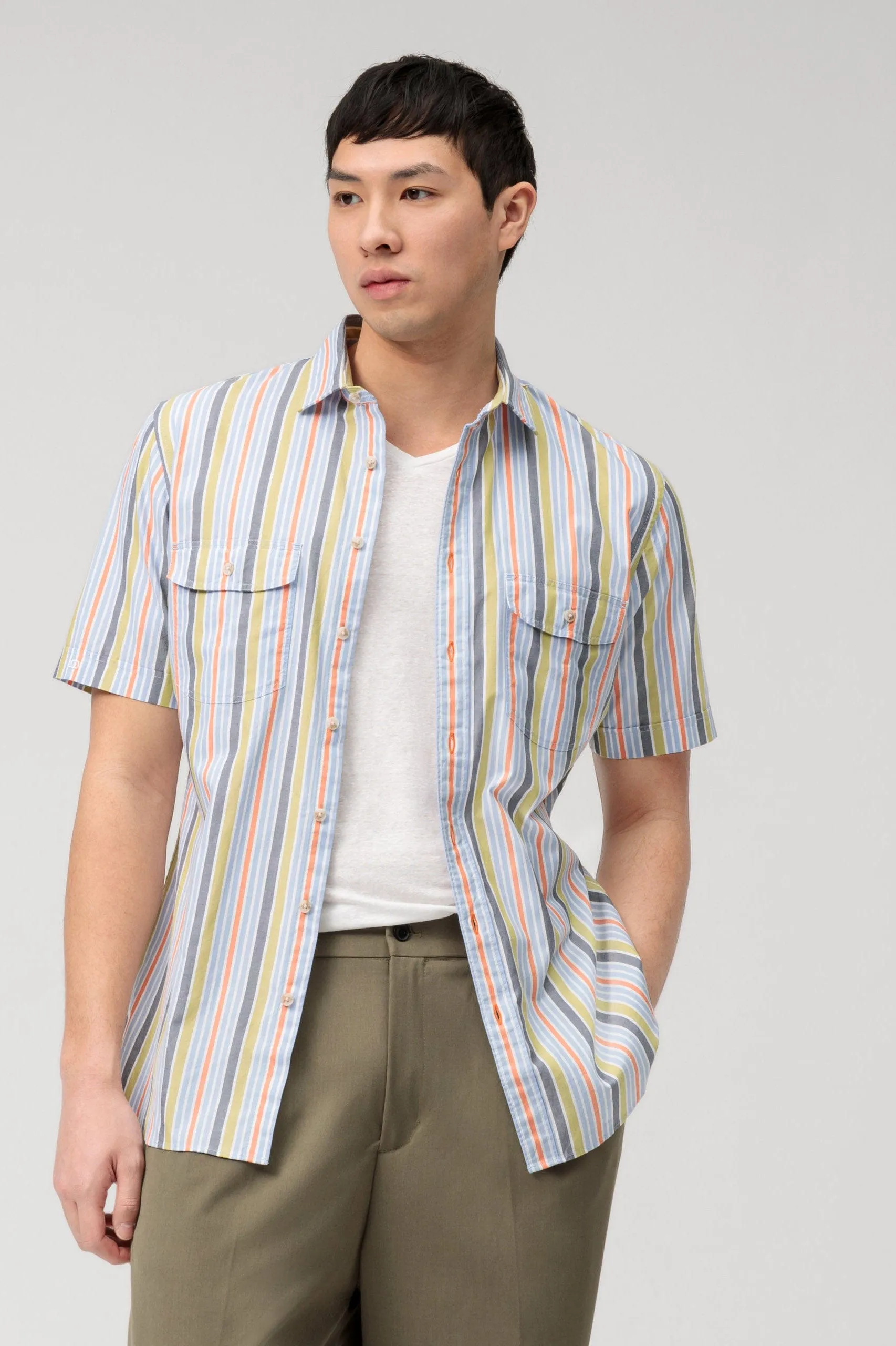 Casual Modern Fit Multi Stripe Short Sleeve Shirt - Green/Blue