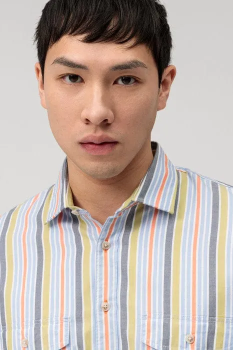 Casual Modern Fit Multi Stripe Short Sleeve Shirt - Green/Blue