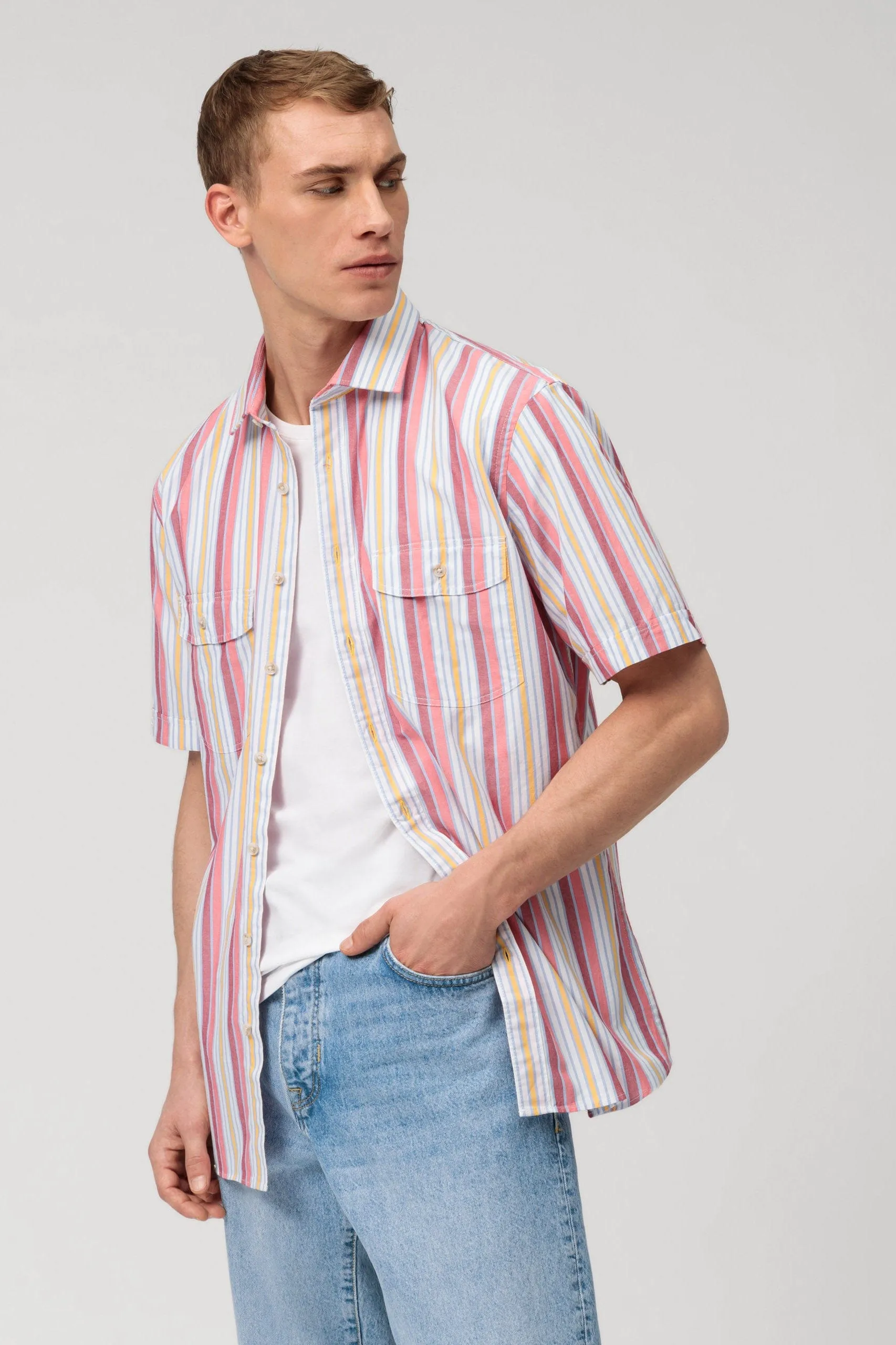 Casual Modern Fit Multi Stripe Short Sleeve Shirt - Red/Yellow