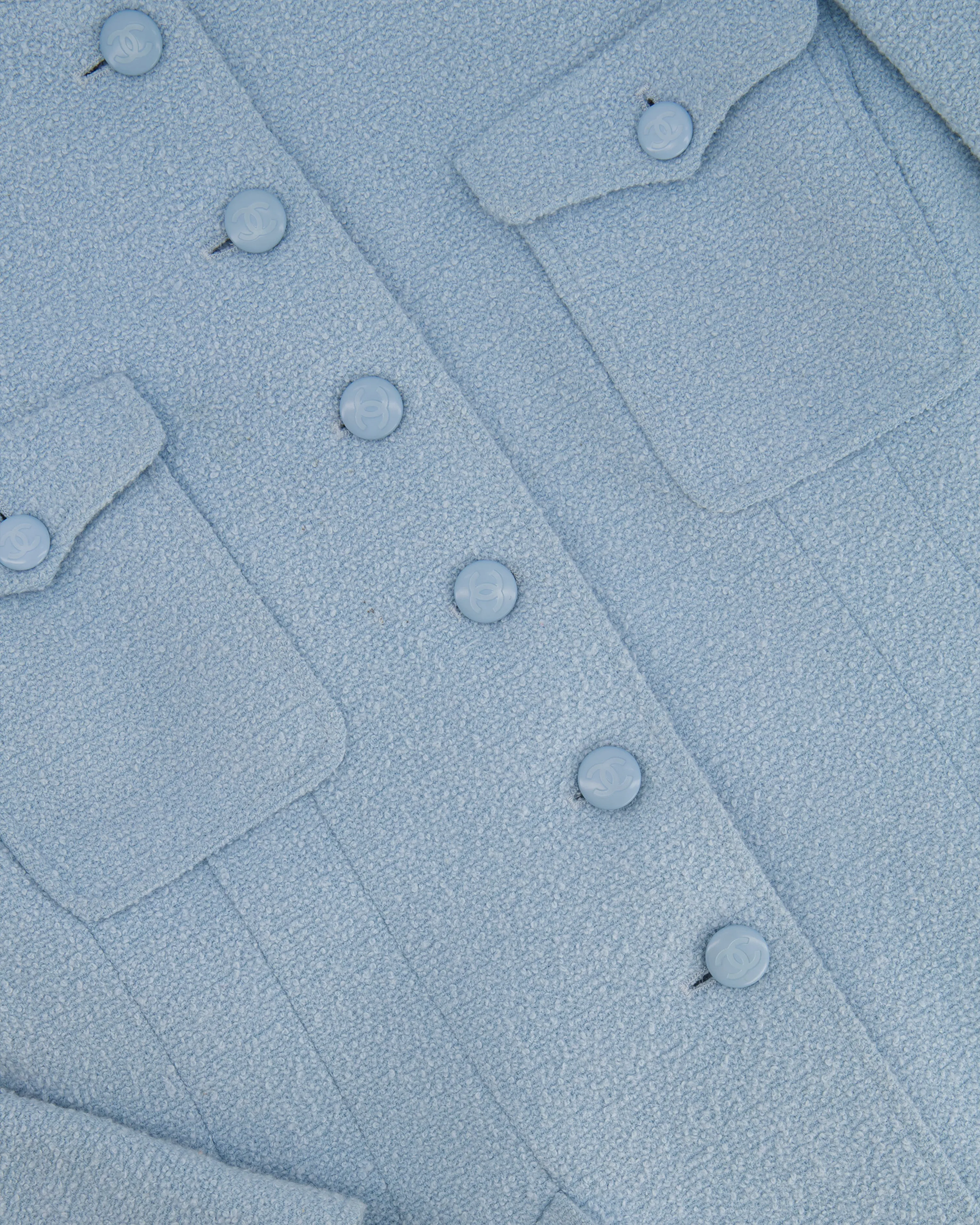 Chanel 96c Baby Blue Long Tweed Jacket With Cc Button Details Size Fr 44 (uk 16)
