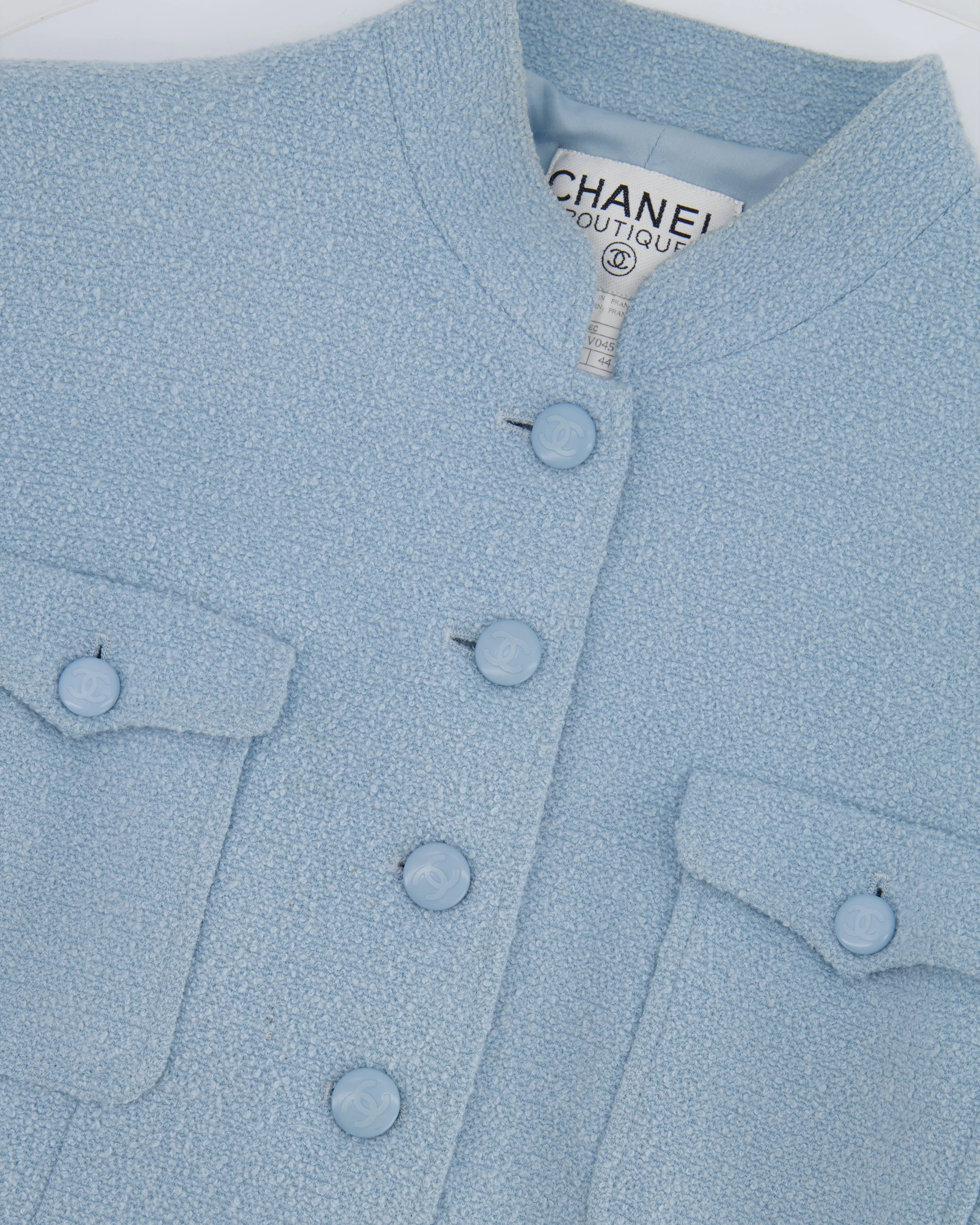 Chanel 96c Baby Blue Long Tweed Jacket With Cc Button Details Size Fr 44 (uk 16)