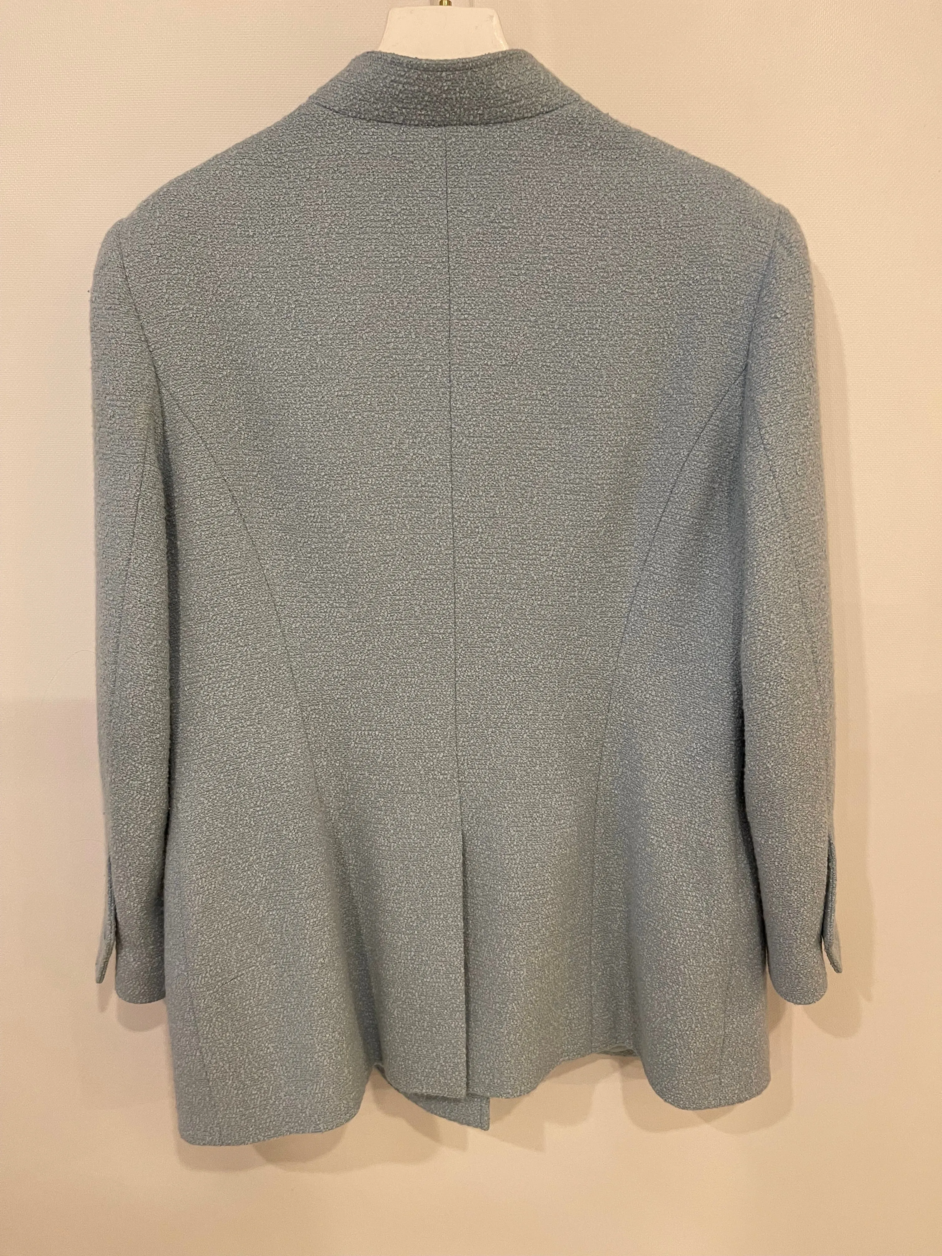 Chanel 96c Baby Blue Long Tweed Jacket With Cc Button Details Size Fr 44 (uk 16)