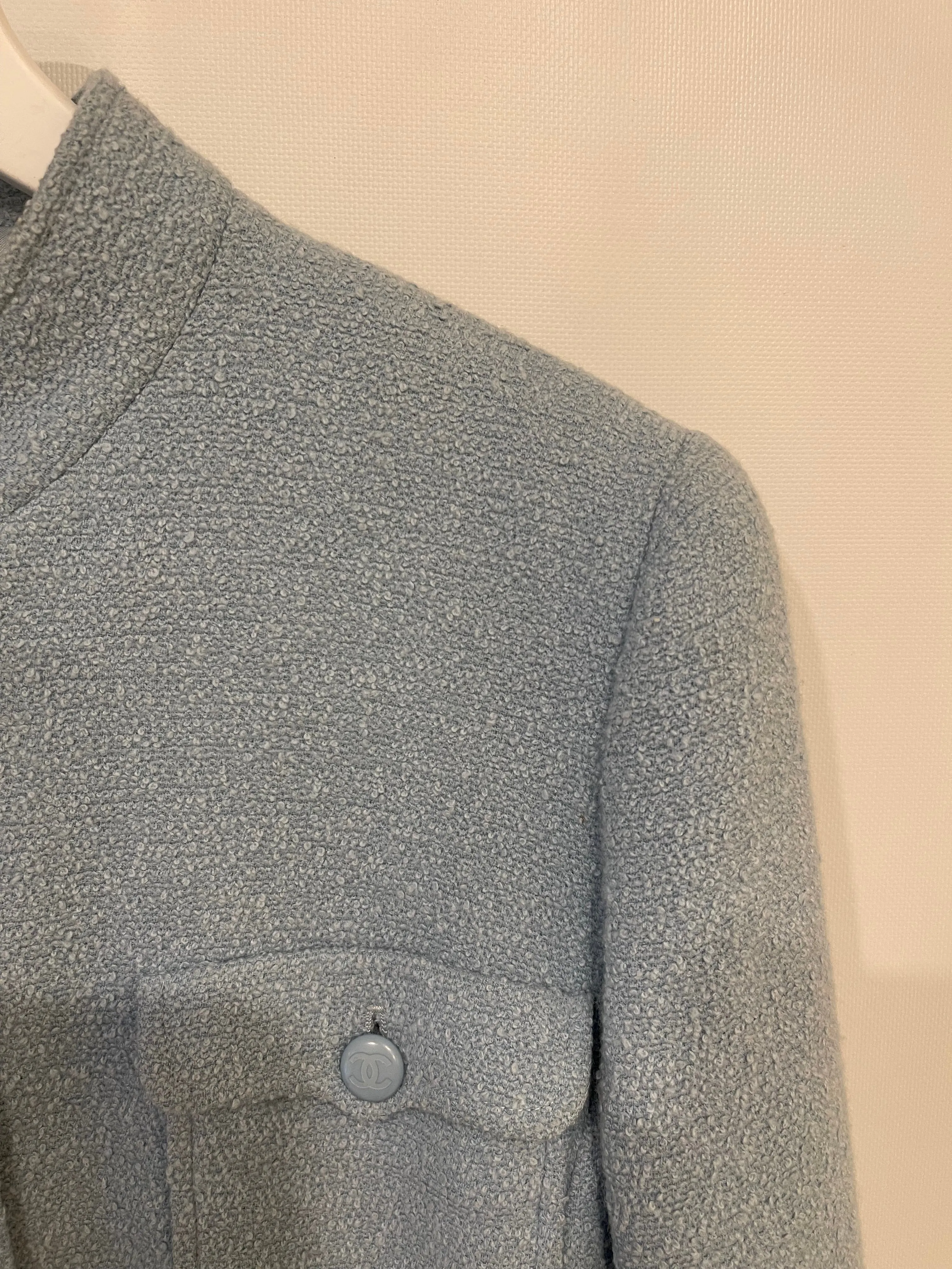 Chanel 96c Baby Blue Long Tweed Jacket With Cc Button Details Size Fr 44 (uk 16)