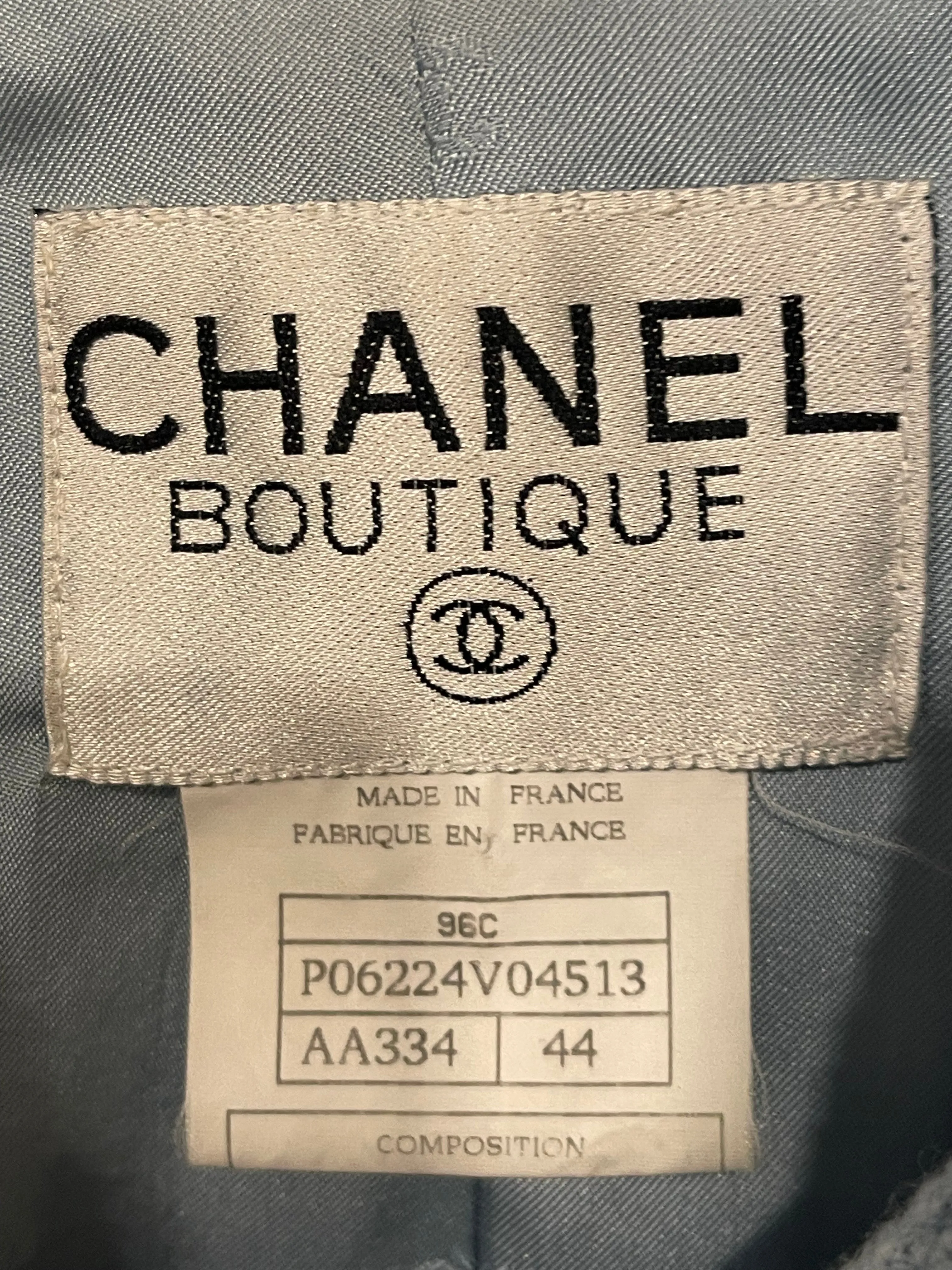 Chanel 96c Baby Blue Long Tweed Jacket With Cc Button Details Size Fr 44 (uk 16)