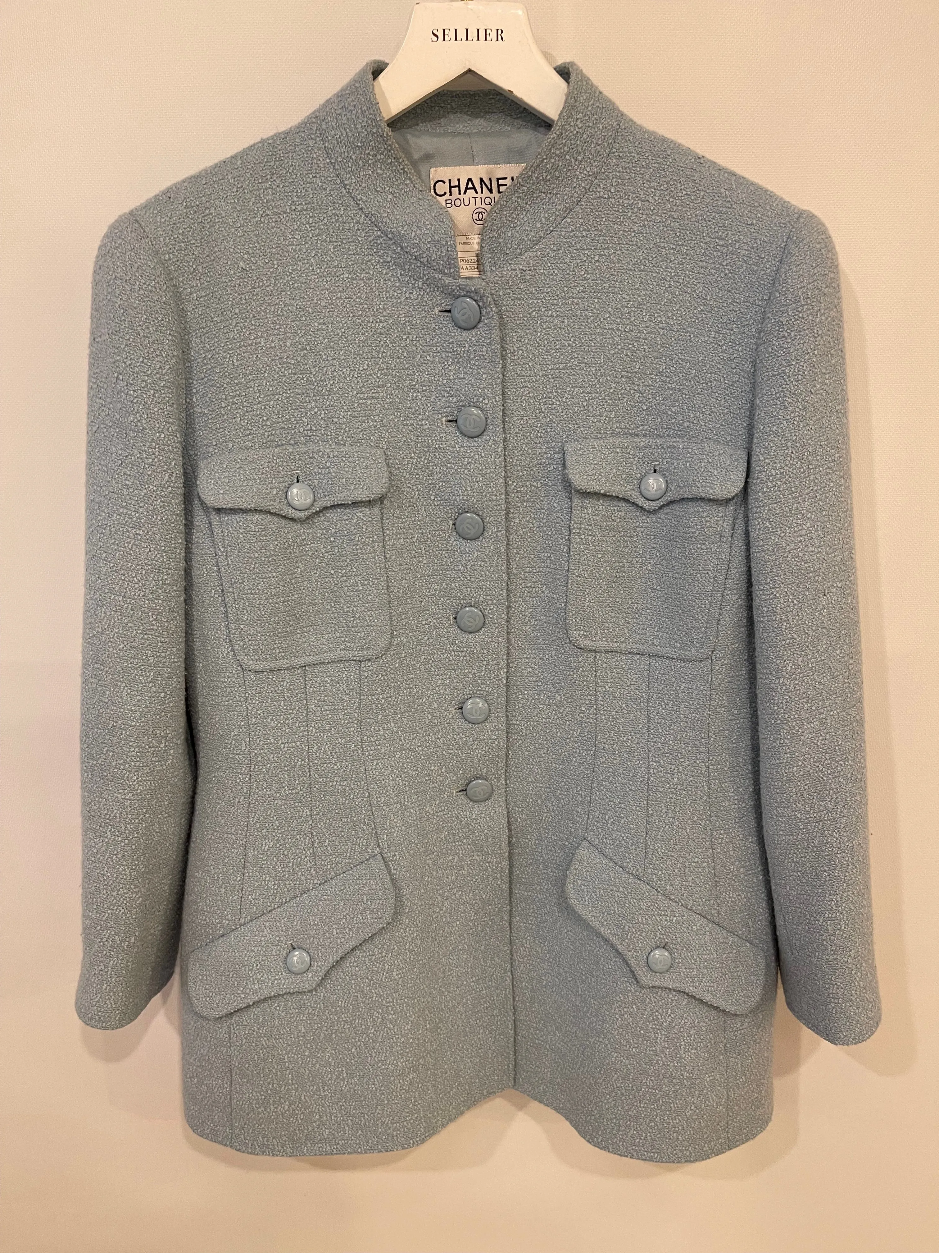 Chanel 96c Baby Blue Long Tweed Jacket With Cc Button Details Size Fr 44 (uk 16)
