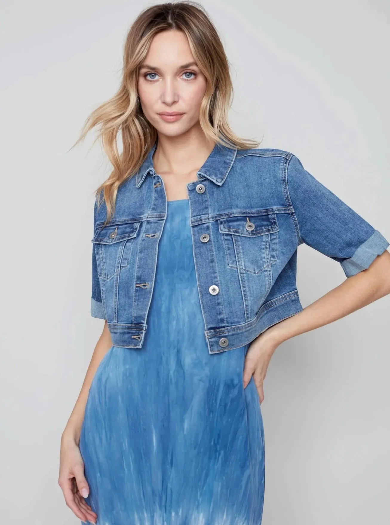 Cropped Jean Jacket W Short Sleeve [Blue-C6112R]