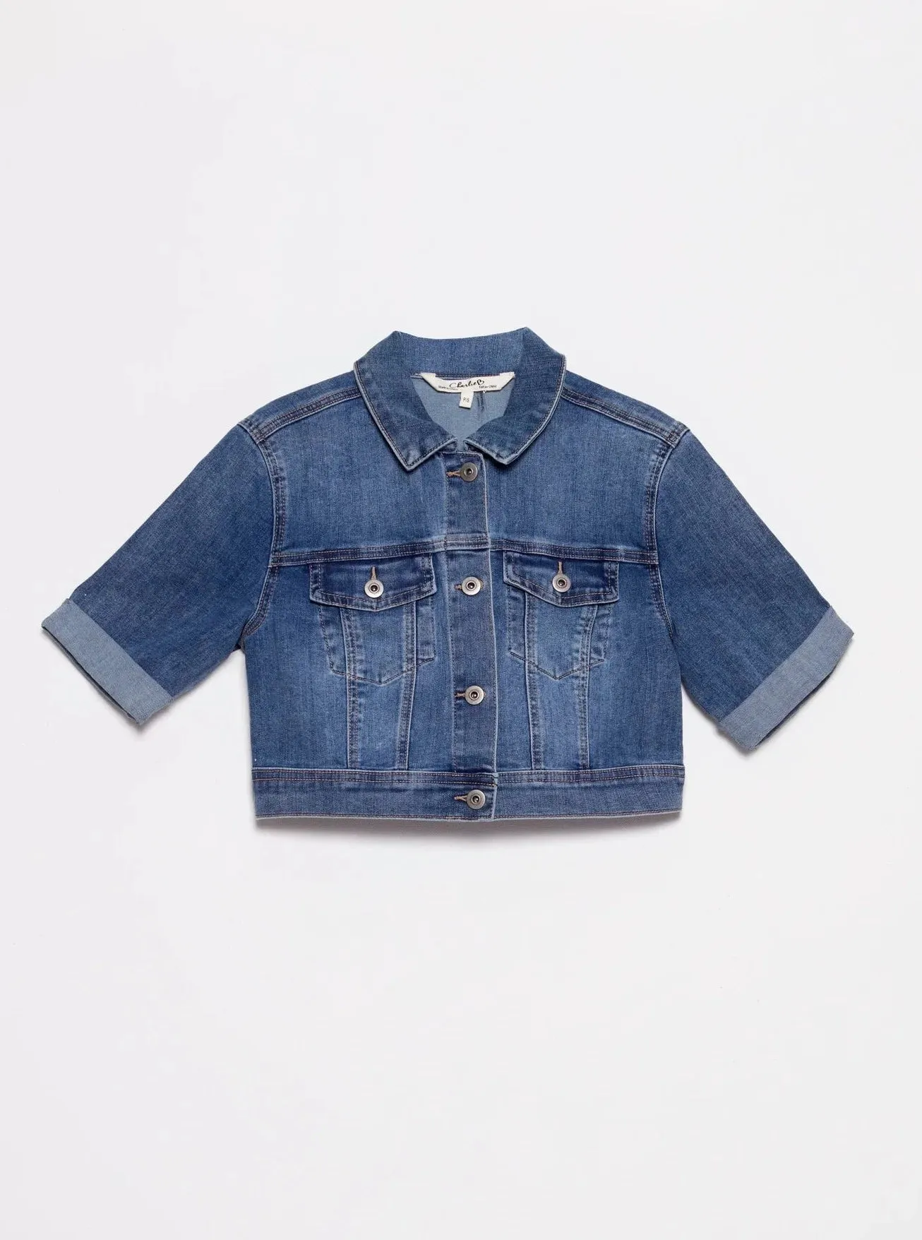 Cropped Jean Jacket W Short Sleeve [Blue-C6112R]