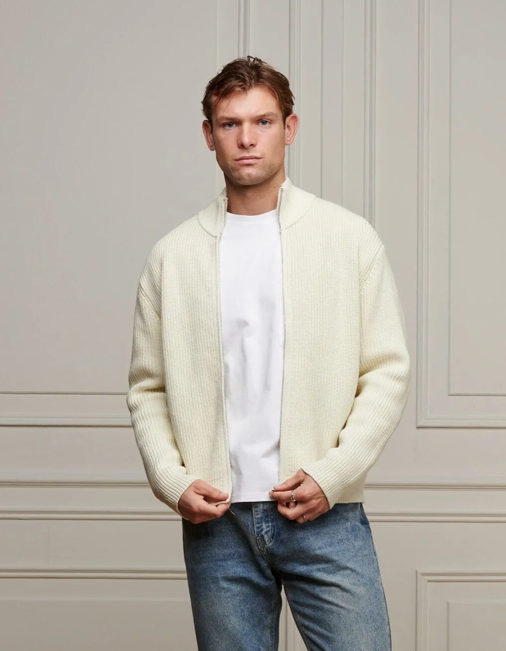 Ecru Chunky Rib Knit Zip Up Cardigan