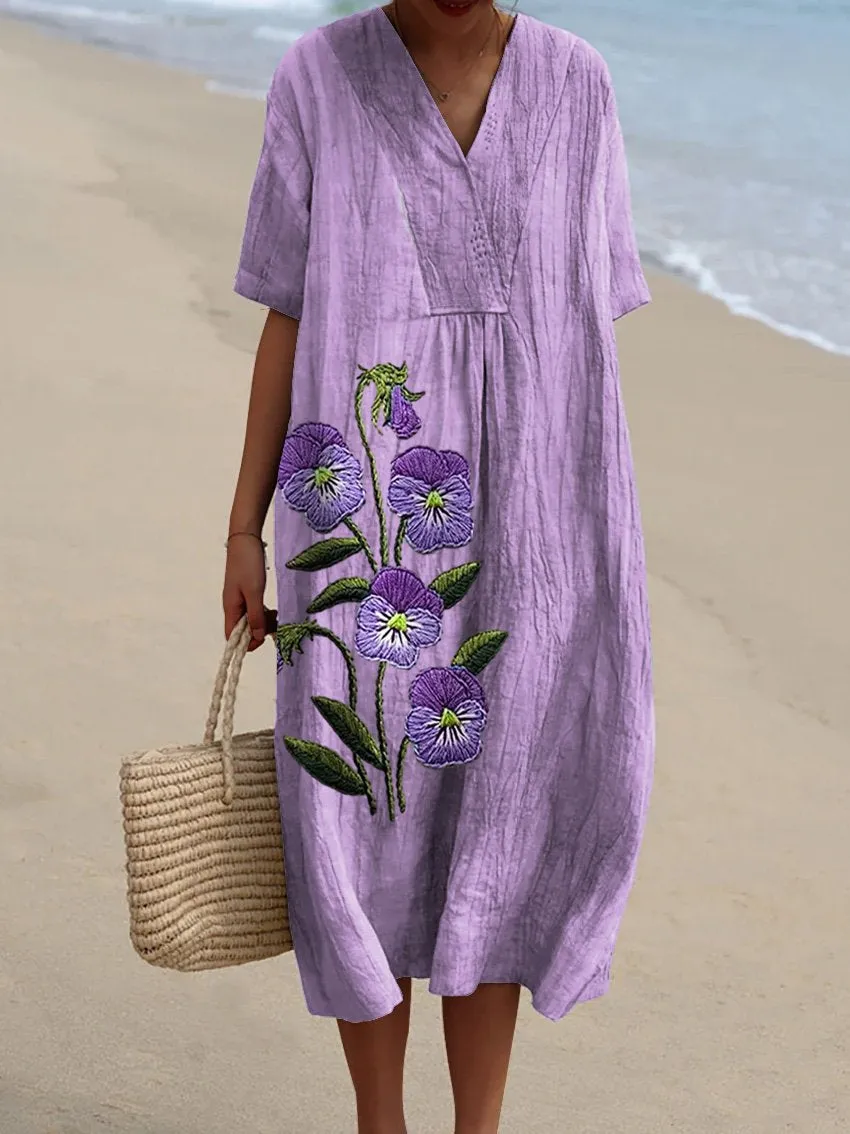 Embroidery Style Purple Pansy Floral Printed Women's Flowy Dress