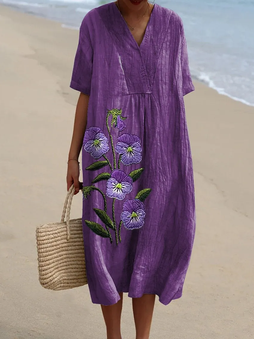 Embroidery Style Purple Pansy Floral Printed Women's Flowy Dress
