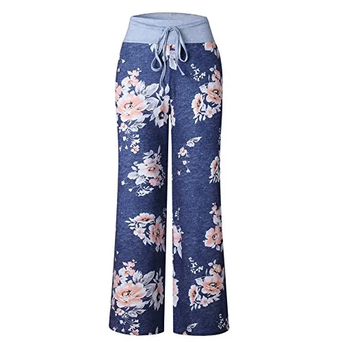 Famulily Women's High Waisted Loose Flaral Loose Long Drawstring Wide Leg Pants Lounge(Blue,Meidum)
