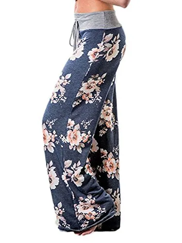 Famulily Women's High Waisted Loose Flaral Loose Long Drawstring Wide Leg Pants Lounge(Blue,Meidum)