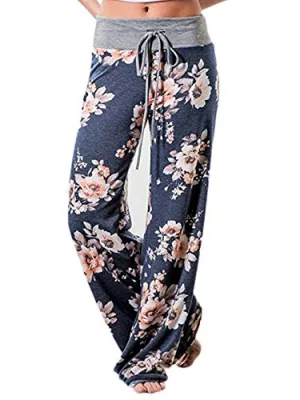 Famulily Women's High Waisted Loose Flaral Loose Long Drawstring Wide Leg Pants Lounge(Blue,Meidum)