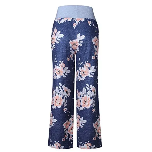 Famulily Women's High Waisted Loose Flaral Loose Long Drawstring Wide Leg Pants Lounge(Blue,Meidum)