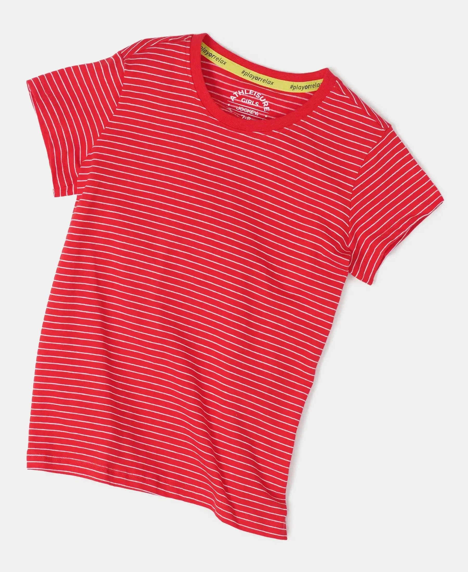 Girl's Super Combed Cotton Striped Short Sleeve T-Shirt - Rio Red