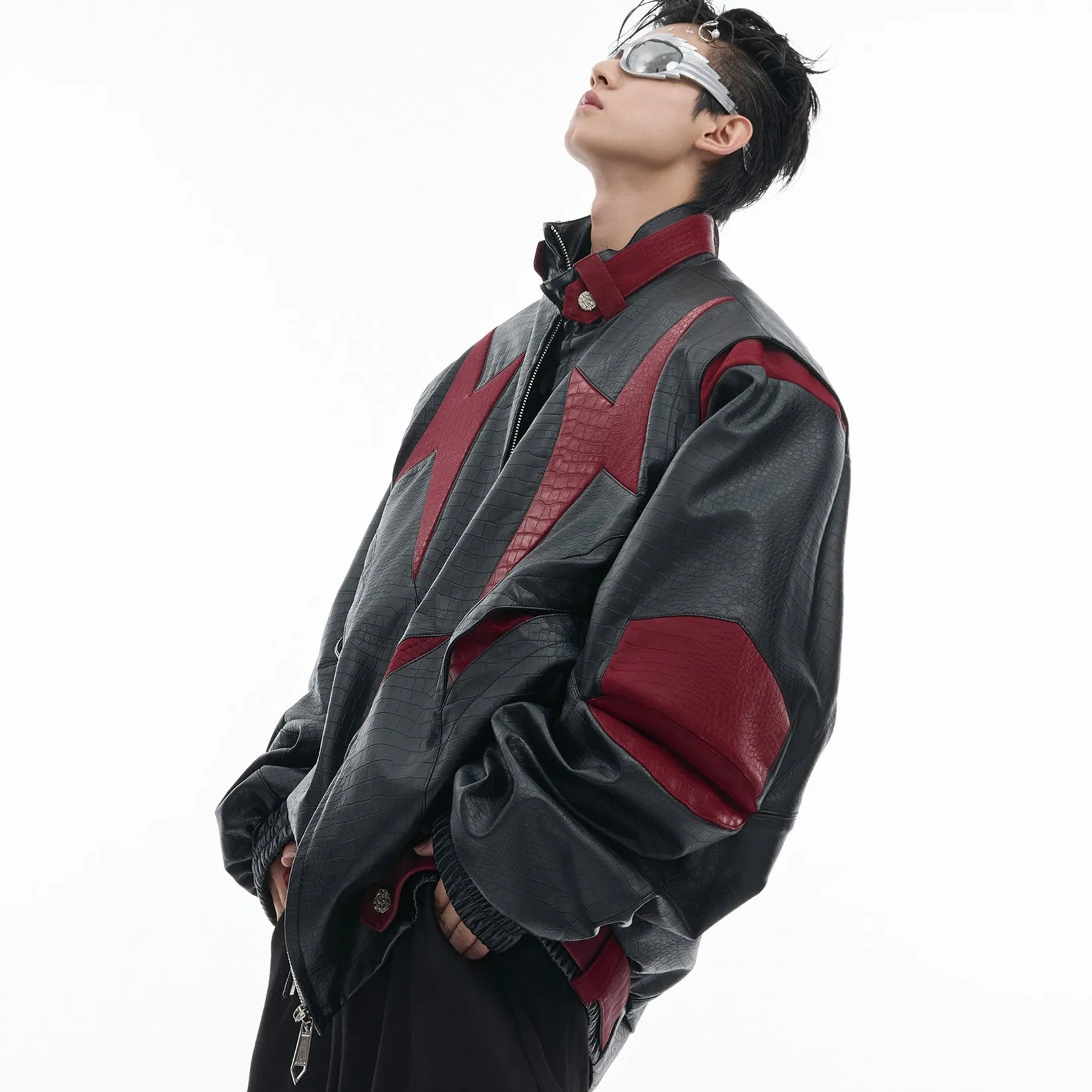 GlamzLife Contrast Color PU Leather Jacket - Men's Ribbed Hem Design