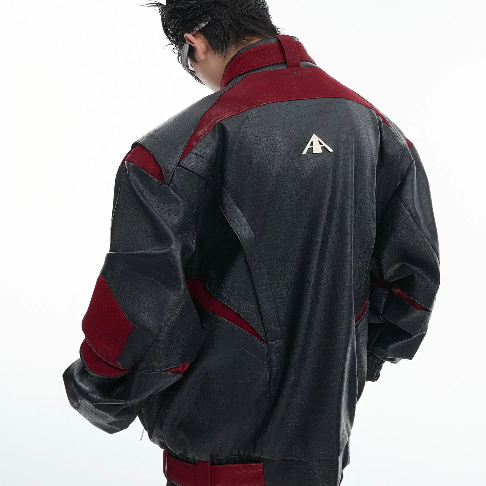 GlamzLife Contrast Color PU Leather Jacket - Men's Ribbed Hem Design