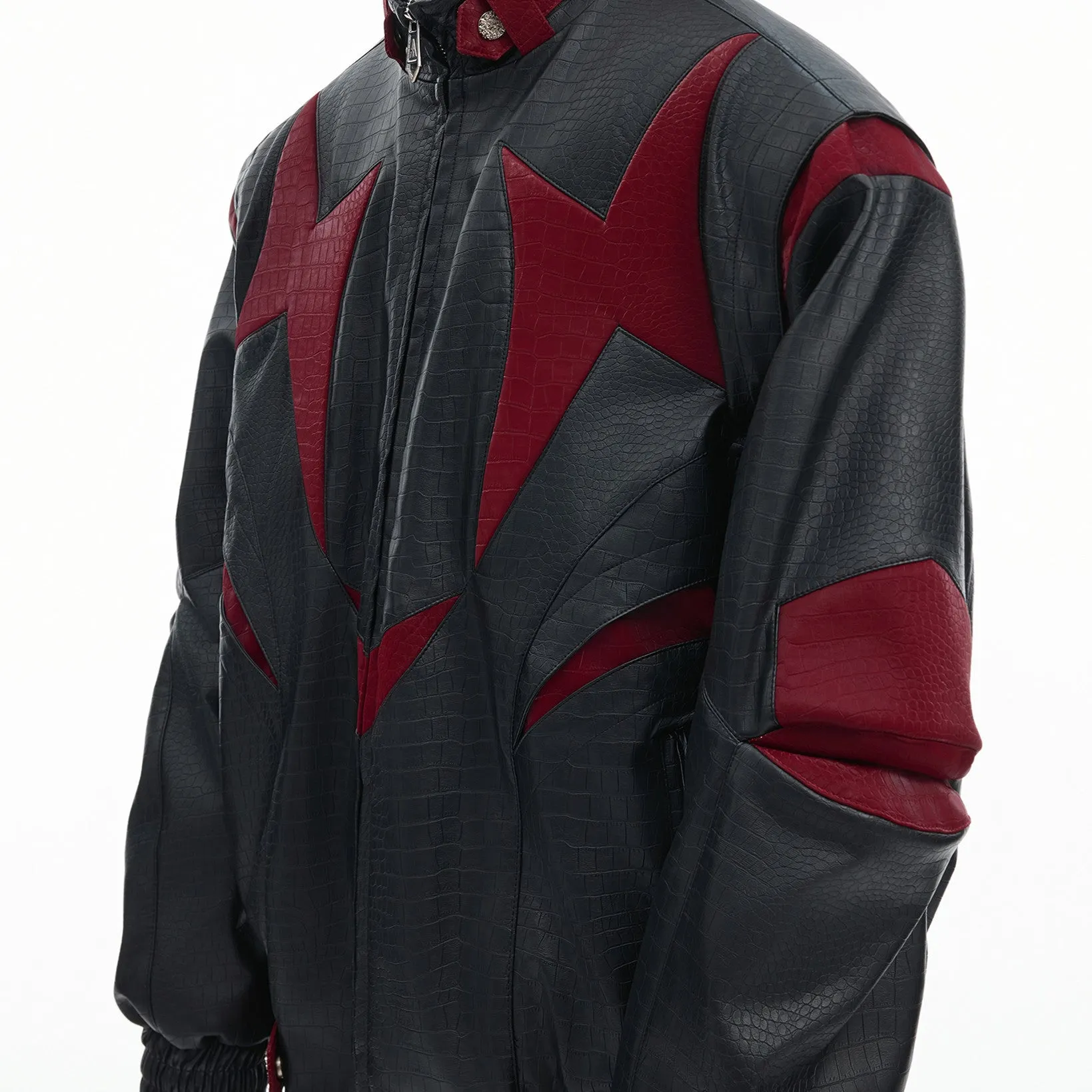 GlamzLife Contrast Color PU Leather Jacket - Men's Ribbed Hem Design