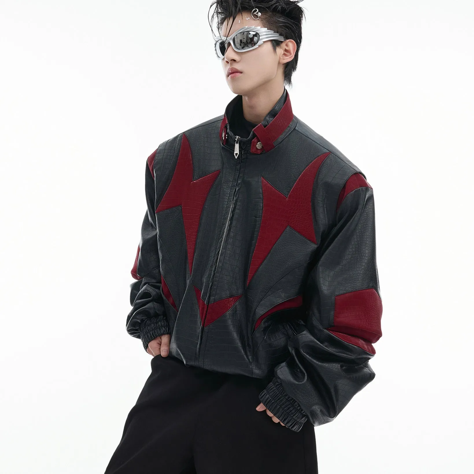 GlamzLife Contrast Color PU Leather Jacket - Men's Ribbed Hem Design