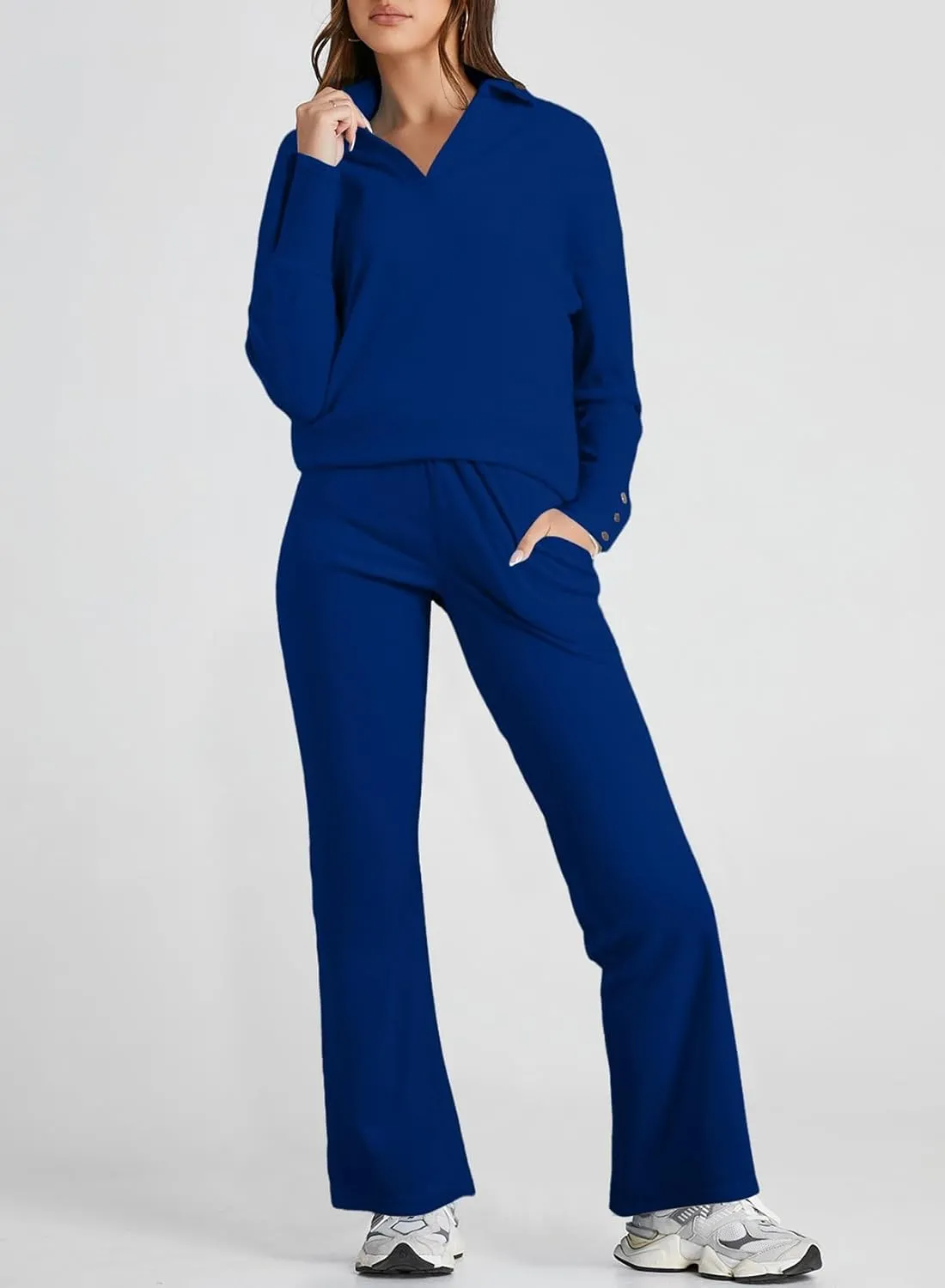 Herseas Women Sweater Set 2 Piece Outfits 2024 Long Sleeve Knit Lapel V Neck Tops High Waist Wide Leg Pants Lounge Sets