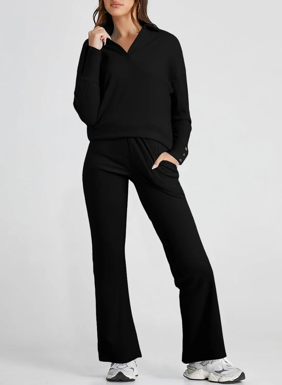 Herseas Women Sweater Set 2 Piece Outfits 2024 Long Sleeve Knit Lapel V Neck Tops High Waist Wide Leg Pants Lounge Sets