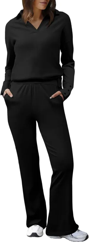 Herseas Women Sweater Set 2 Piece Outfits 2024 Long Sleeve Knit Lapel V Neck Tops High Waist Wide Leg Pants Lounge Sets