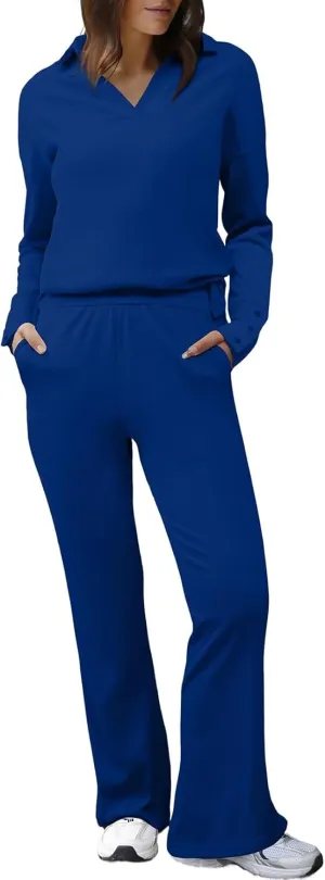 Herseas Women Sweater Set 2 Piece Outfits 2024 Long Sleeve Knit Lapel V Neck Tops High Waist Wide Leg Pants Lounge Sets