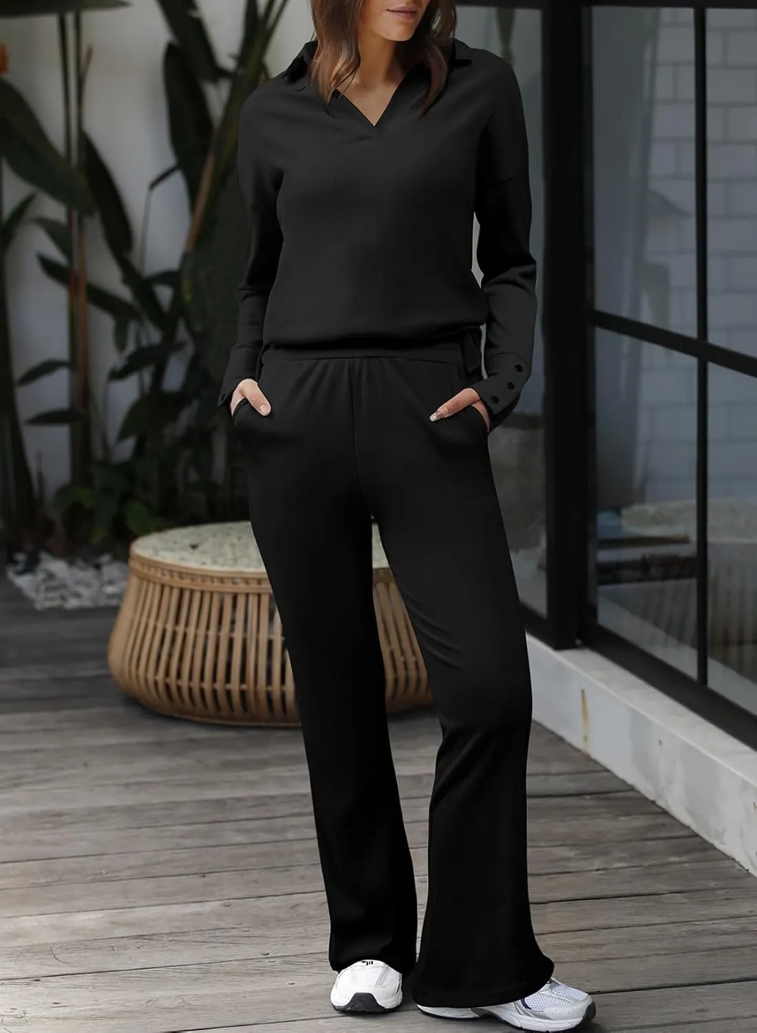 Herseas Women Sweater Set 2 Piece Outfits 2024 Long Sleeve Knit Lapel V Neck Tops High Waist Wide Leg Pants Lounge Sets