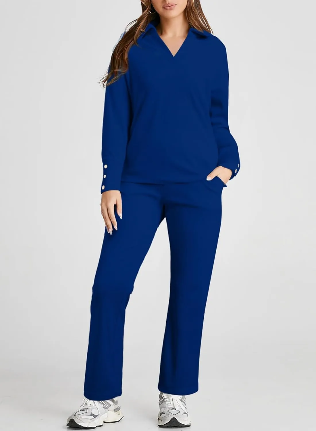 Herseas Women Sweater Set 2 Piece Outfits 2024 Long Sleeve Knit Lapel V Neck Tops High Waist Wide Leg Pants Lounge Sets