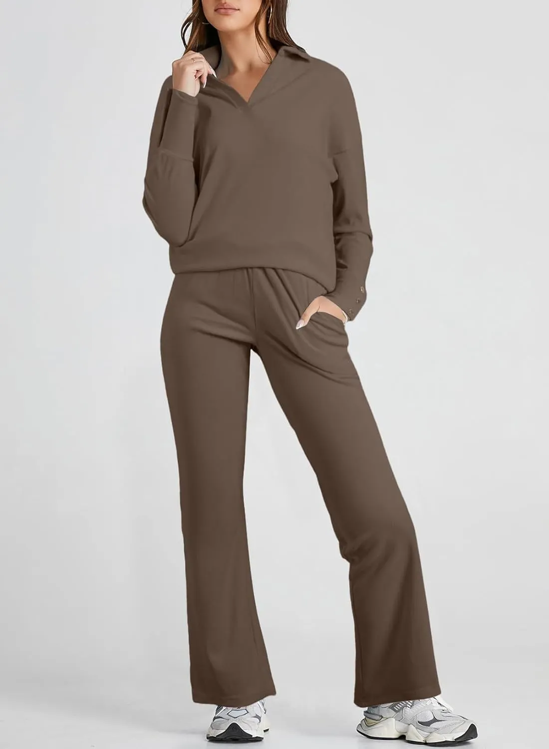 Herseas Women Sweater Set 2 Piece Outfits 2024 Long Sleeve Knit Lapel V Neck Tops High Waist Wide Leg Pants Lounge Sets