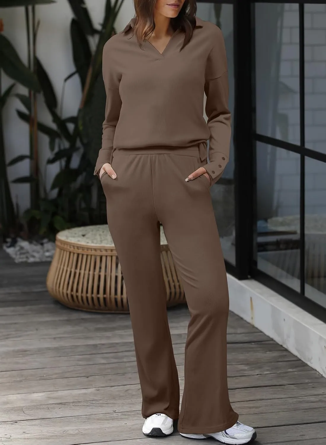 Herseas Women Sweater Set 2 Piece Outfits 2024 Long Sleeve Knit Lapel V Neck Tops High Waist Wide Leg Pants Lounge Sets