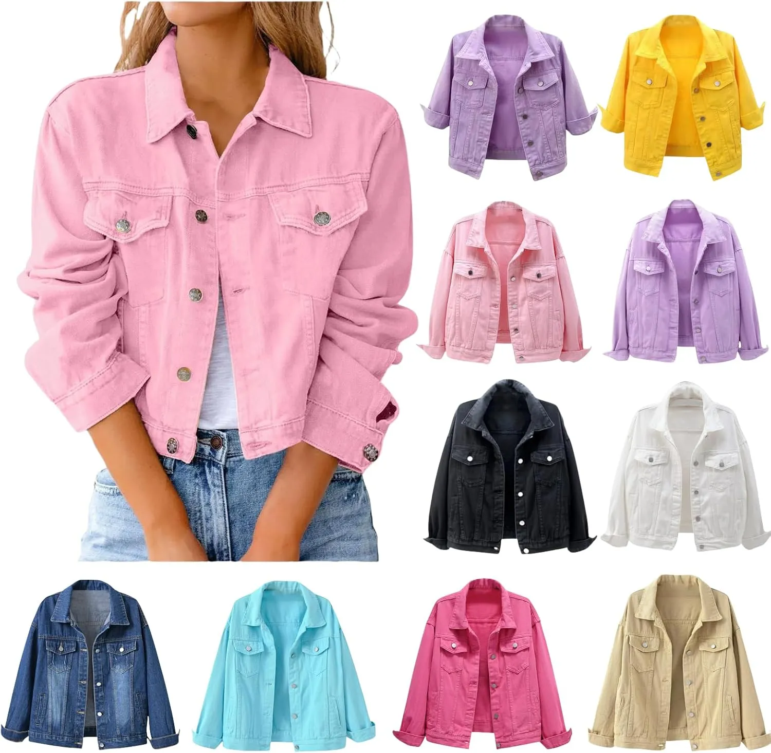 Jean Jacket Women Trendy Lapel Button Down Long Sleeve Cropped Denim Top Slim Fit Casual Candy Color Plus Size Blazer